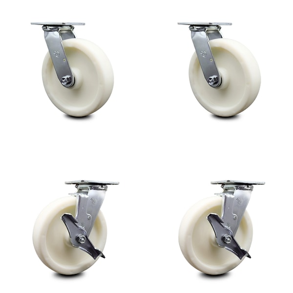 8 Inch Nylon Swivel Caster Set with Roller Bearings 2 Brakes